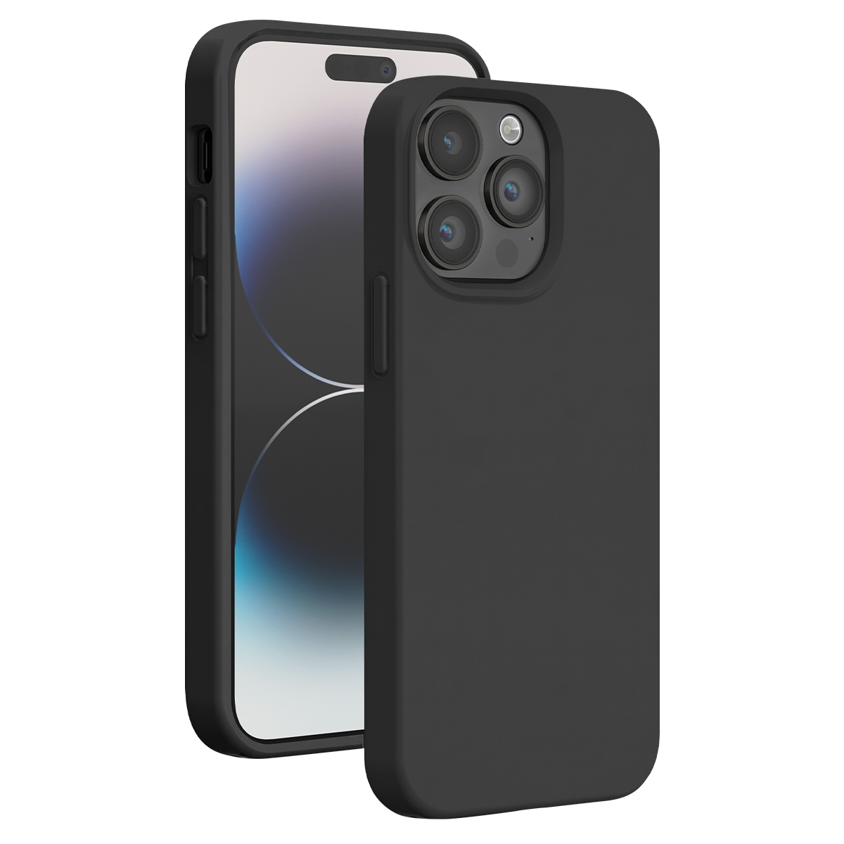 Uno smartphone nero con custodia protettiva mostra fronte e retro su sfondo bianco.