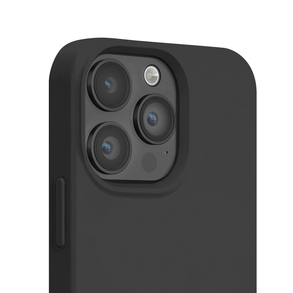 Retro di uno smartphone in una custodia nera con tre obiettivi fotografici e un flash.