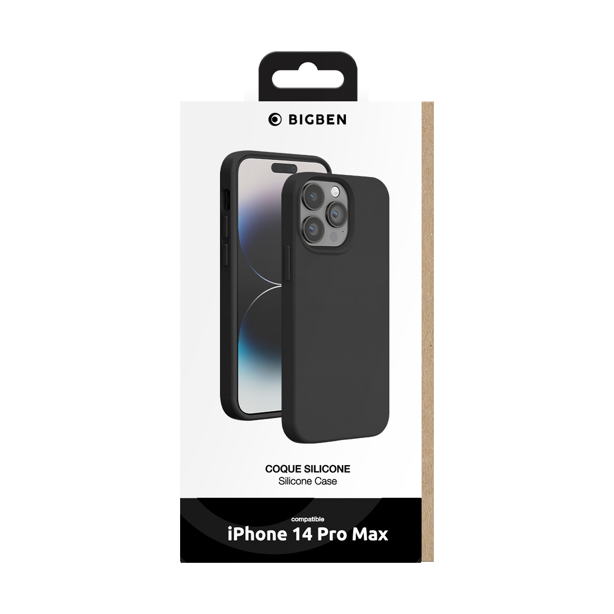 Custodia protettiva in silicone Bigben nera in confezione bianca per iPhone 14 Pro Max.