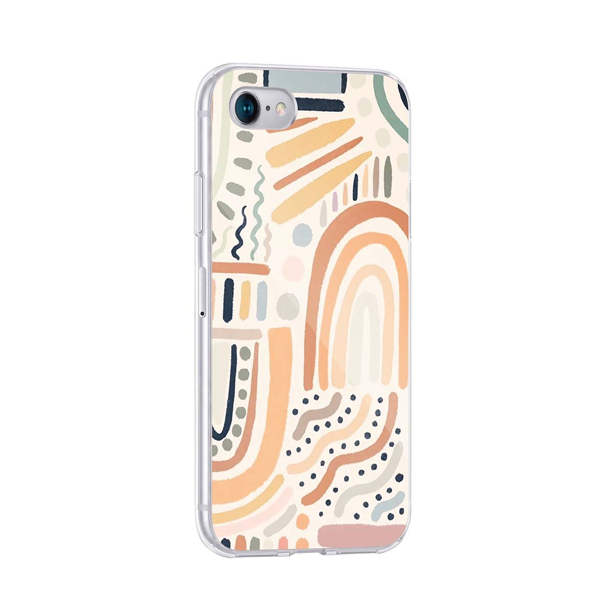 Una funda de móvil con patrones abstractos de arcos iris, rayas y puntos en tonos pastel sobre fondo claro.