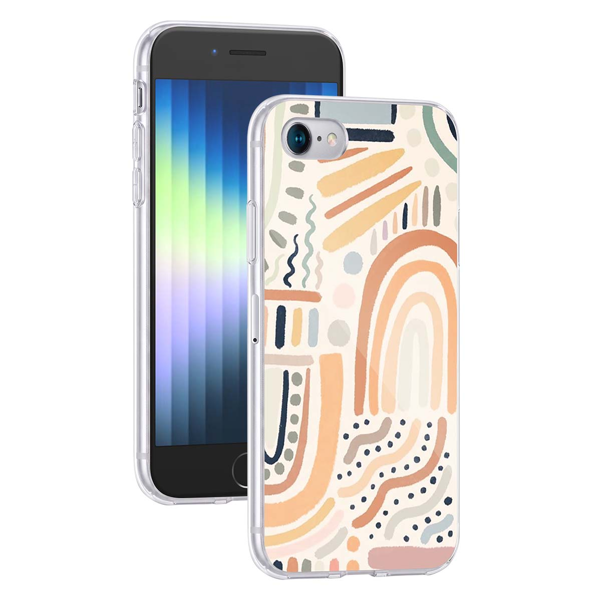 Una funda de móvil con un diseño de arte abstracto moderno con arcos pastel, puntos y pinceladas sobre fondo claro.