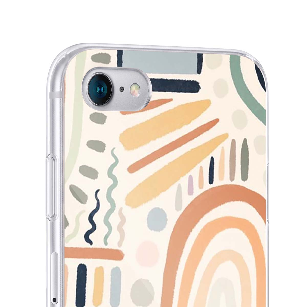 Una funda de móvil transparente muestra un patrón abstracto de líneas de colores, manchas y arcos sobre fondo claro.