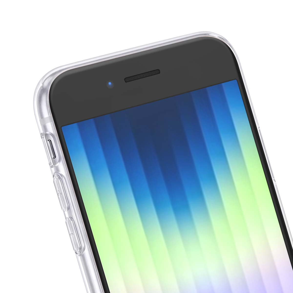 Primer plano de un smartphone con funda transparente y fondo de rayas azules y verdes.