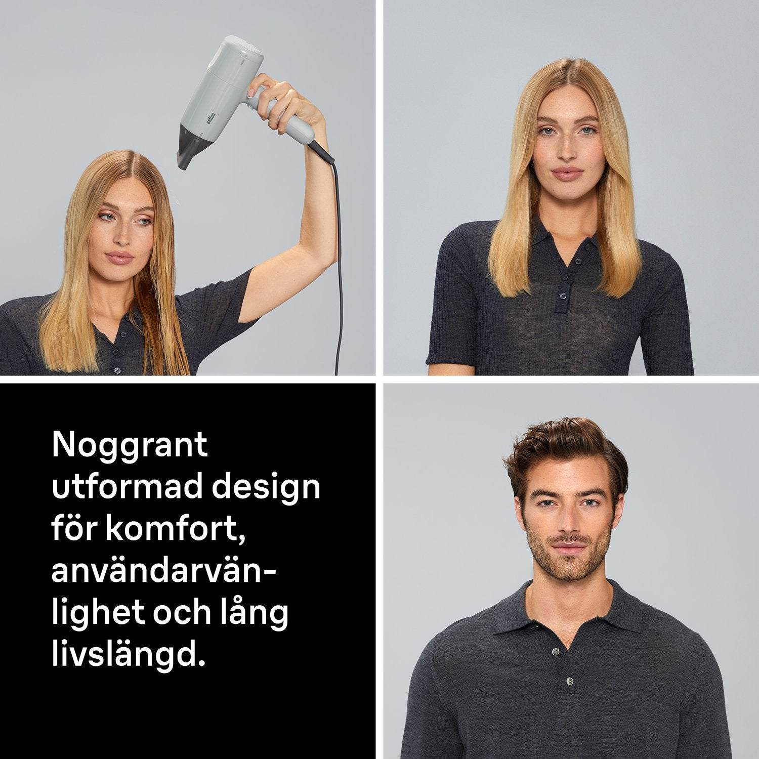Donna che asciuga i capelli biondi, donna con capelli lisci, testo in svedese e uomo con camicia grigia.