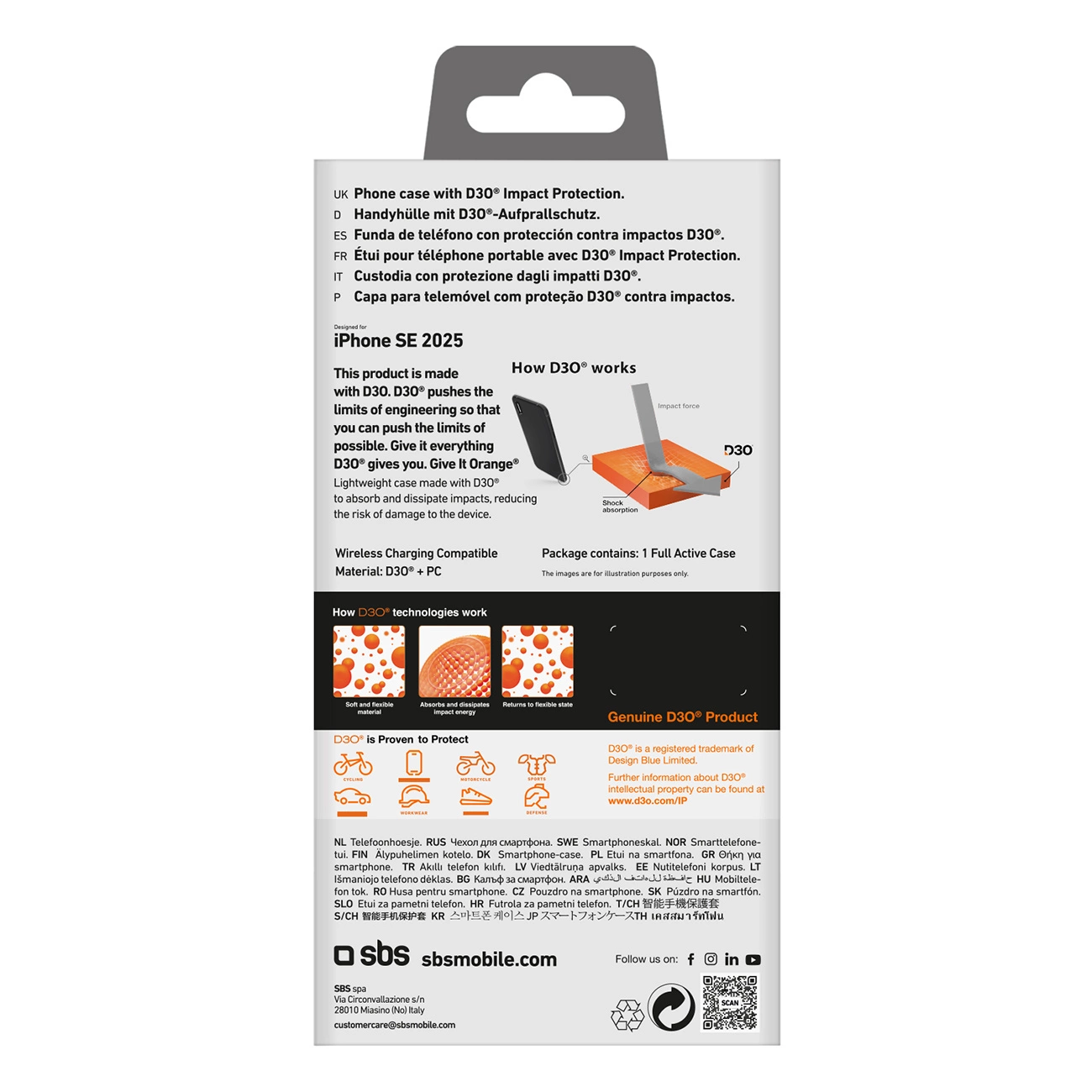 Rückseite einer SBS Handyhülle Verpackung mit D3O Aufprallschutz Details.