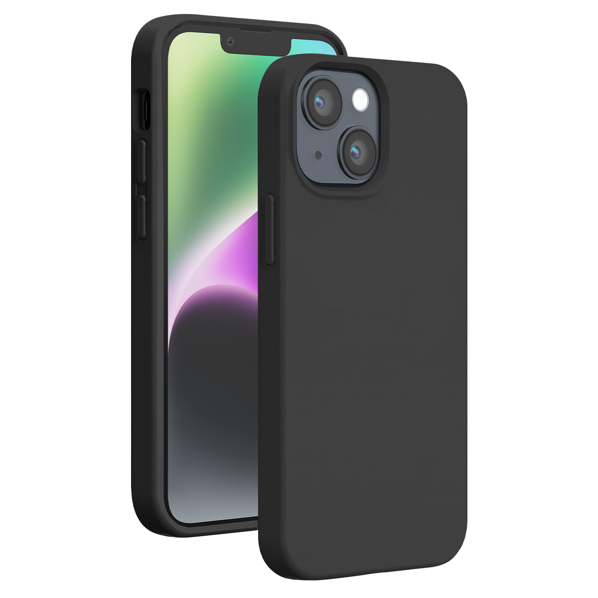 Uno smartphone con cover nera, schermo visibile a sinistra e doppia fotocamera sul retro.