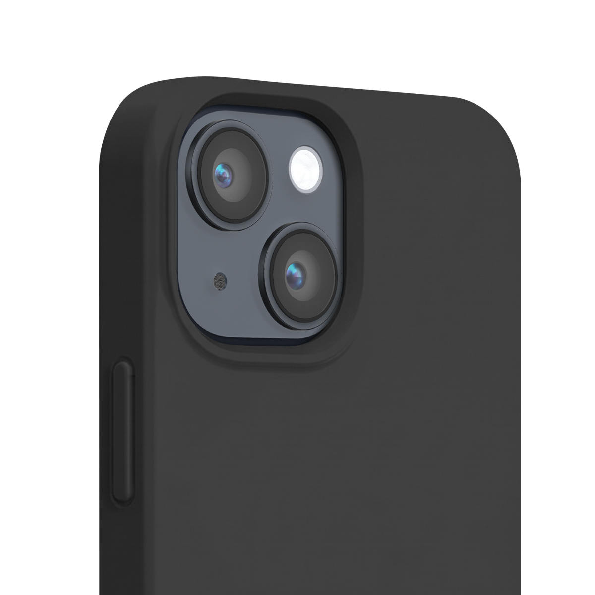 Retro di uno smartphone nero con due obiettivi fotografici disposti in diagonale e flash LED su sfondo bianco.