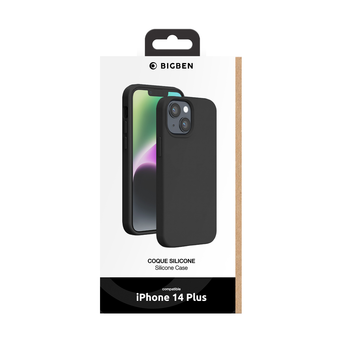 Confezione per custodia in silicone nera Bigben per iPhone 14 Plus.