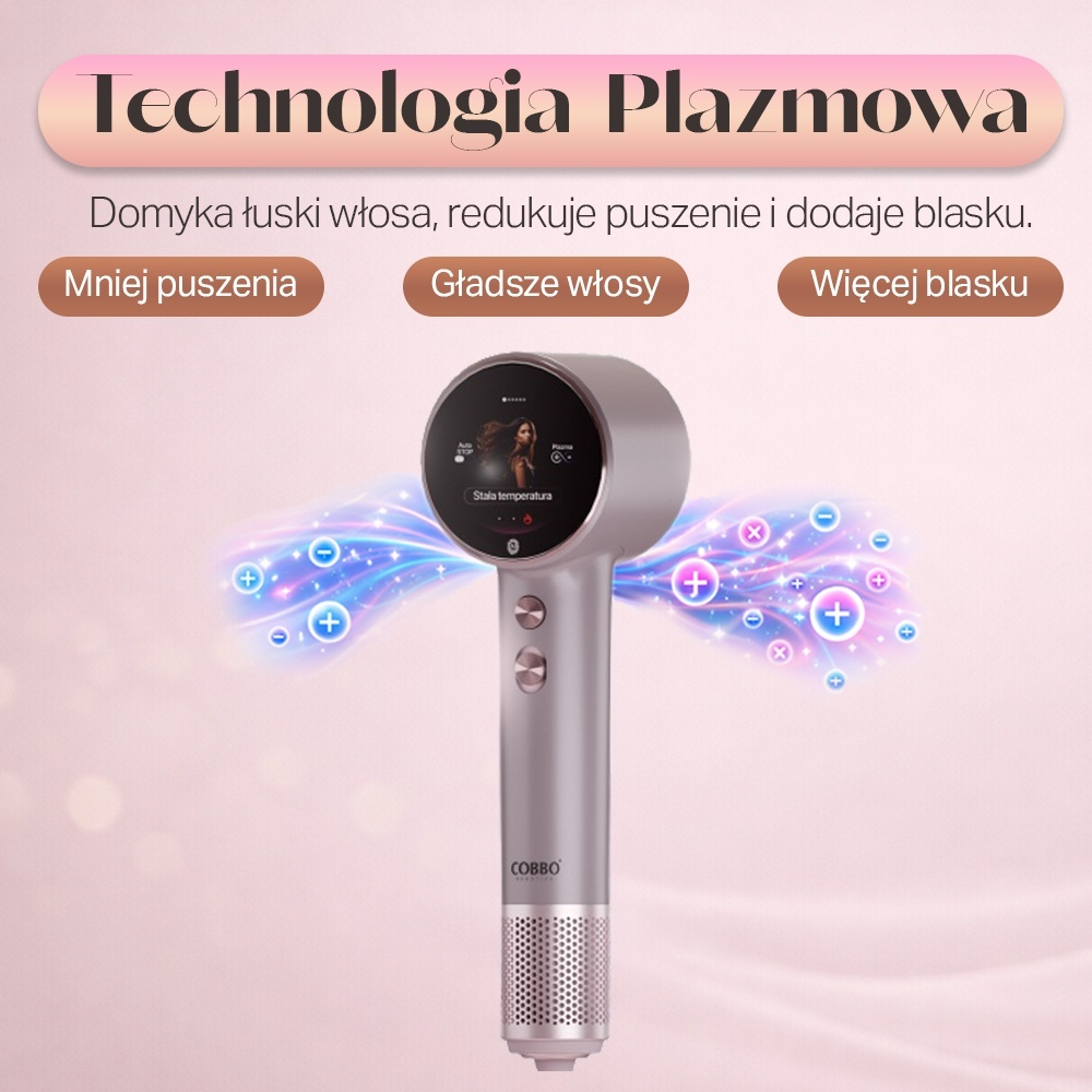 Różowa suszarka plazmowa z wyświetlaczem, otoczona kolorowymi falami jonowymi.