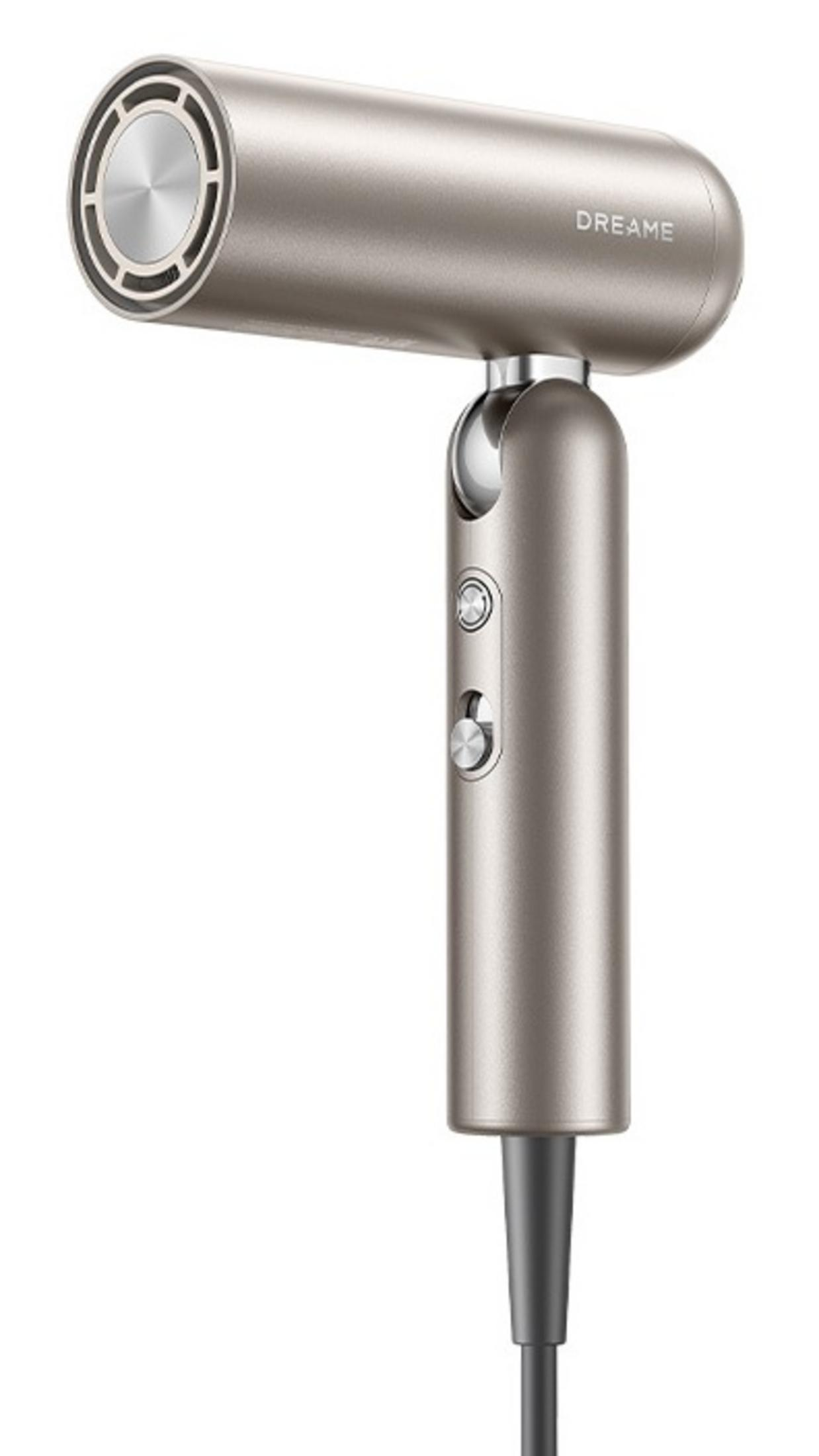 Un moderno asciugacapelli Dreame beige metallizzato con pulsanti di controllo e cavo di alimentazione.