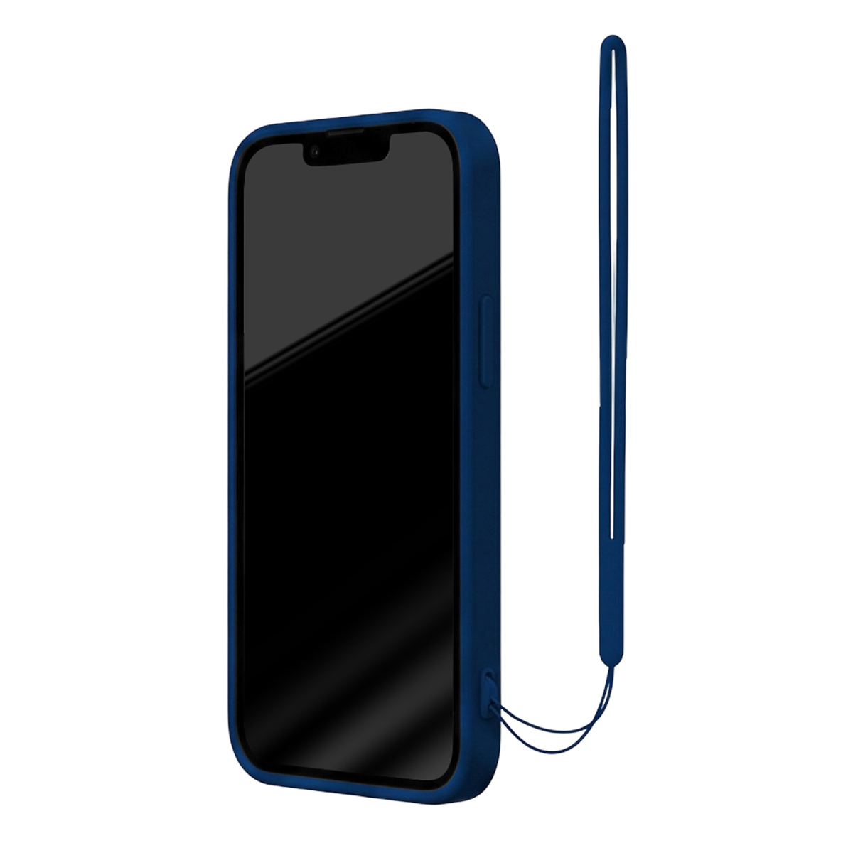 Uno smartphone blu in una custodia protettiva con un cordino abbinato.