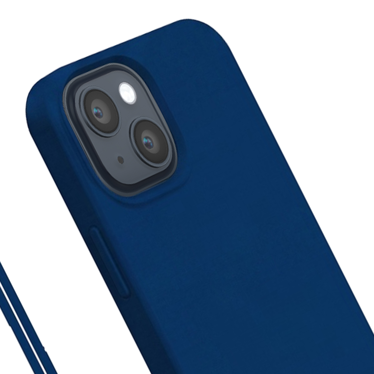 Custodia per smartphone blu con due fotocamere e cordino su sfondo bianco.