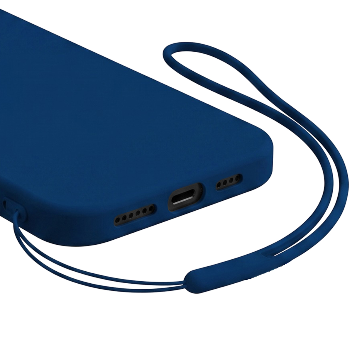 Una custodia per telefono in silicone blu con cinturino blu, su sfondo bianco.