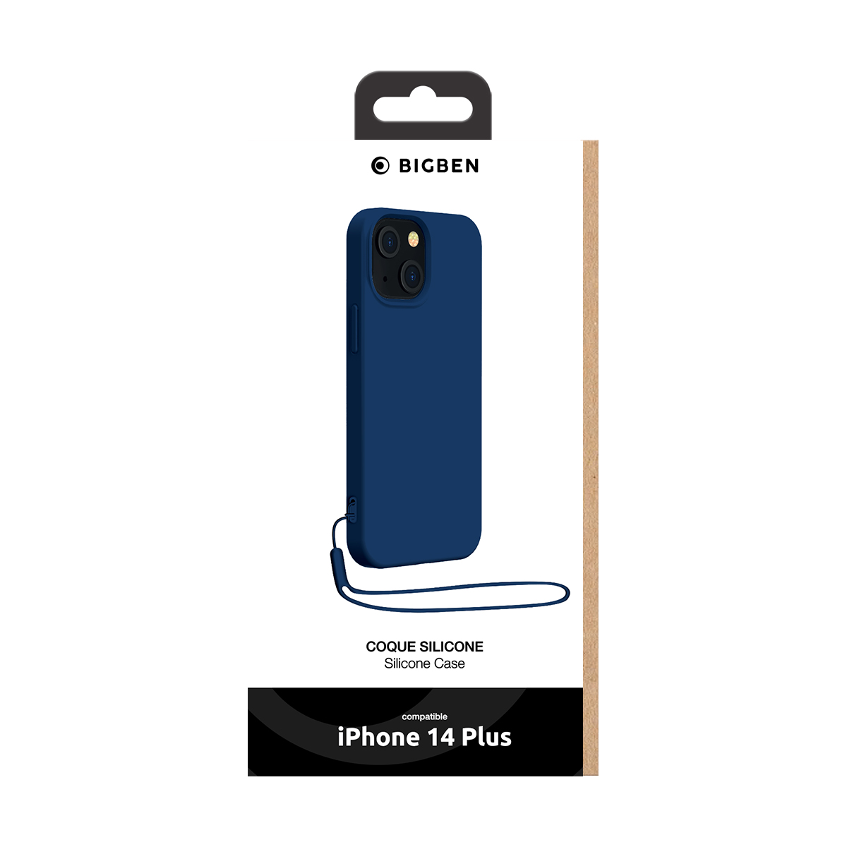 Custodia in silicone blu Bigben con laccetto per iPhone 14 Plus in confezione bianca.