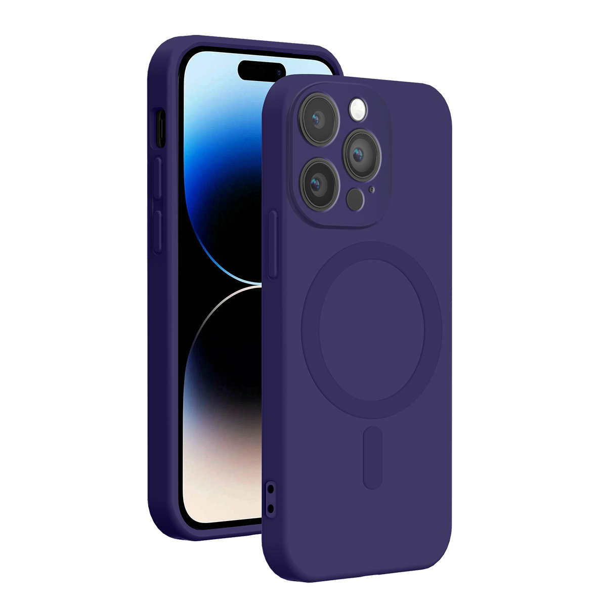 Due viste di una custodia per smartphone viola scuro, che mostra lo schermo e il retro.
