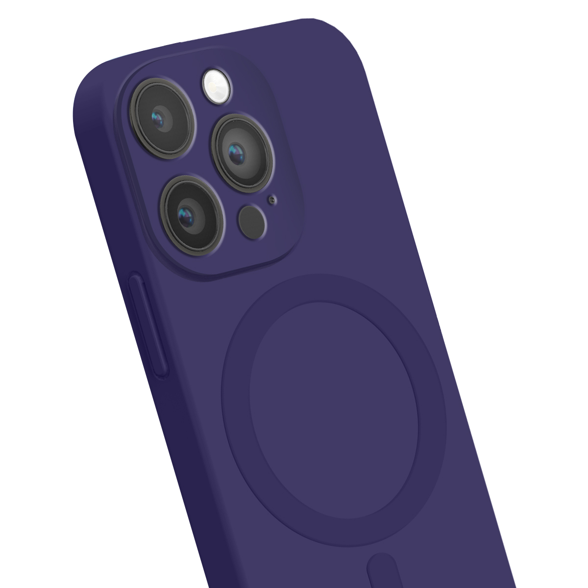 Retro di uno smartphone viola scuro con tre obiettivi e un cerchio MagSafe su sfondo bianco.
