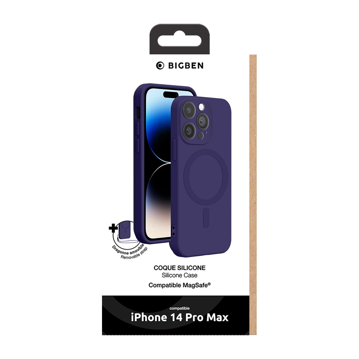 Confezione per cover in silicone MagSafe viola per iPhone 14 Pro Max con cinturino rimovibile di Bigben.