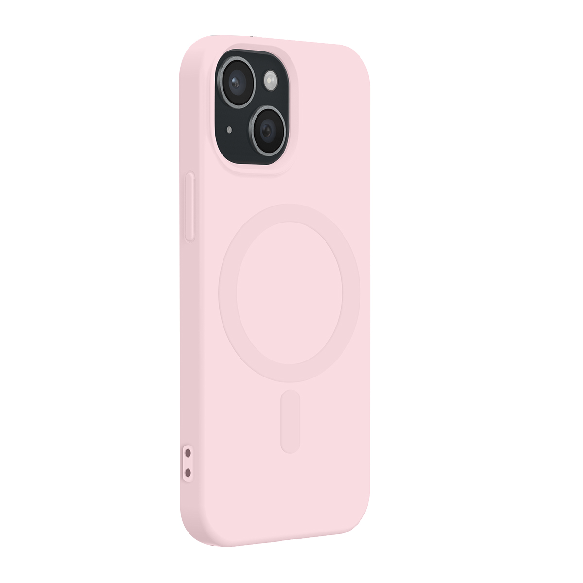 Una custodia protettiva per telefono rosa chiaro opaco con ritaglio per fotocamera su sfondo bianco.