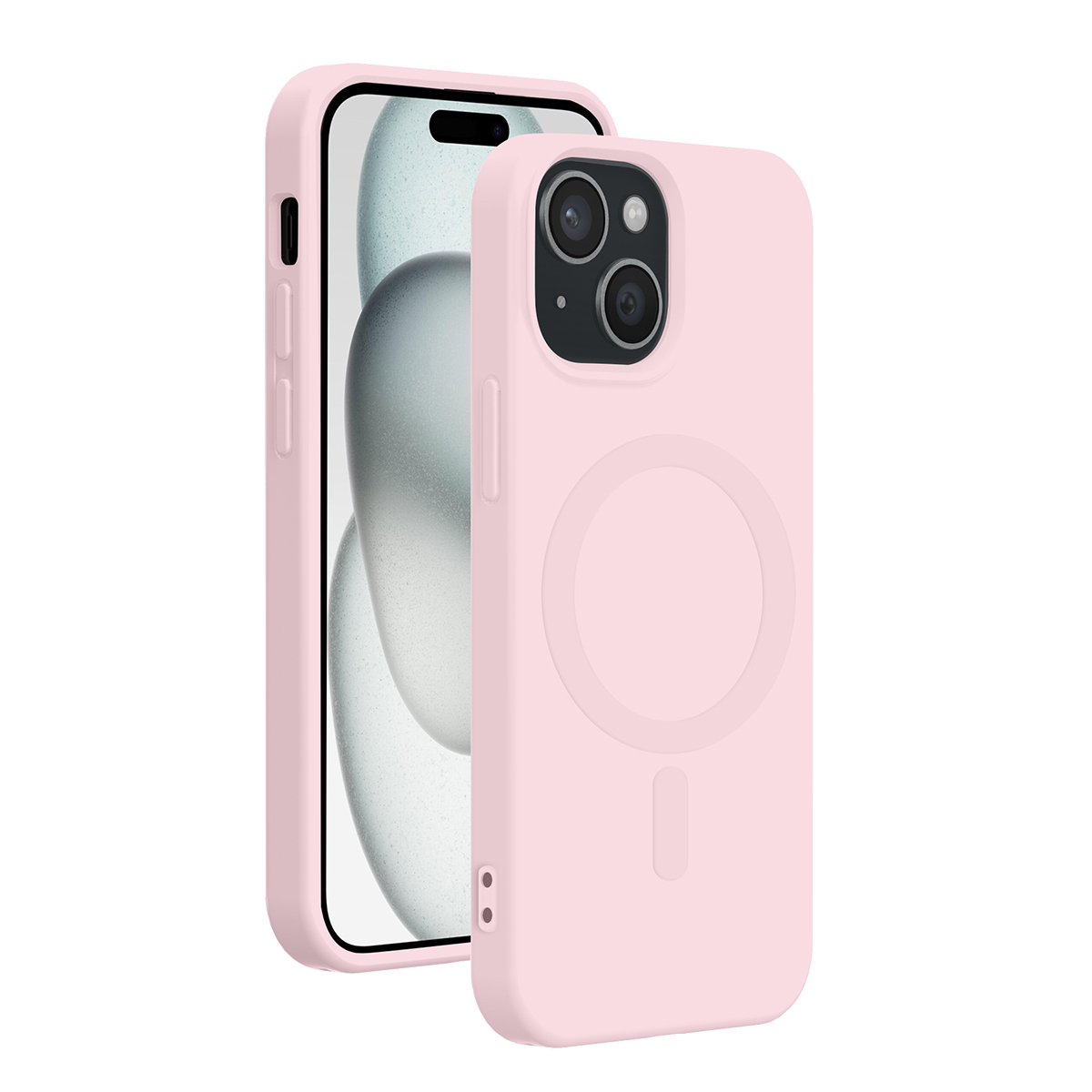Due viste di uno smartphone rosa in una custodia protettiva con un anello MagSafe sul retro su sfondo bianco.