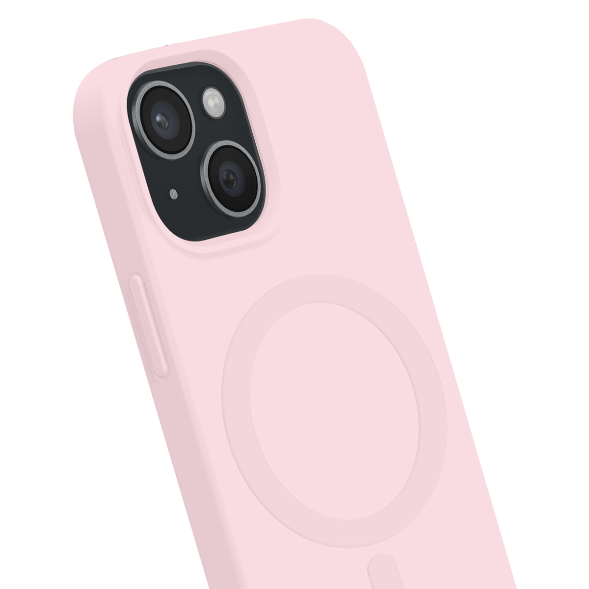 Una custodia rosa per smartphone con due aperture per la fotocamera e un anello MagSafe integrato sul retro.