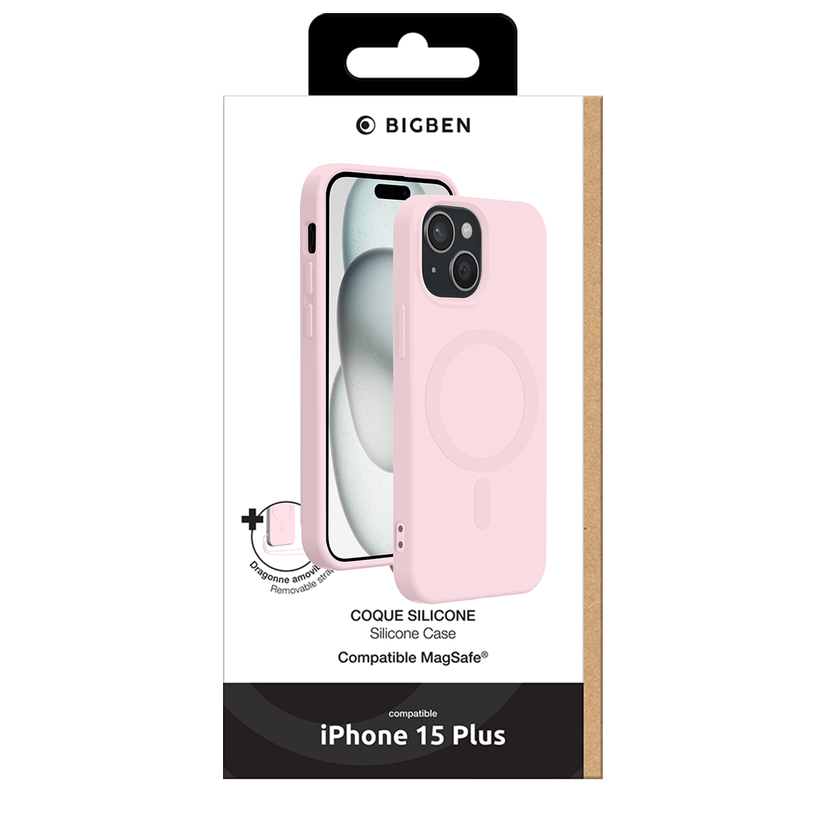 Cover per telefono in silicone rosa nella confezione, compatibile con MagSafe e iPhone 15 Plus.
