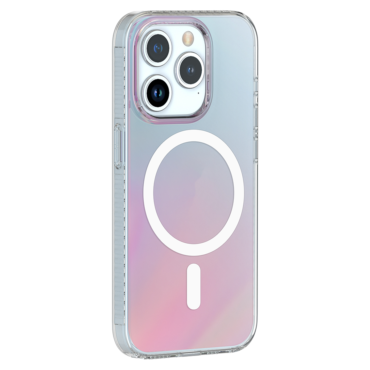 Custodia per iPhone trasparente lucida con colori sfumati, anello MagSafe e logo bianco.