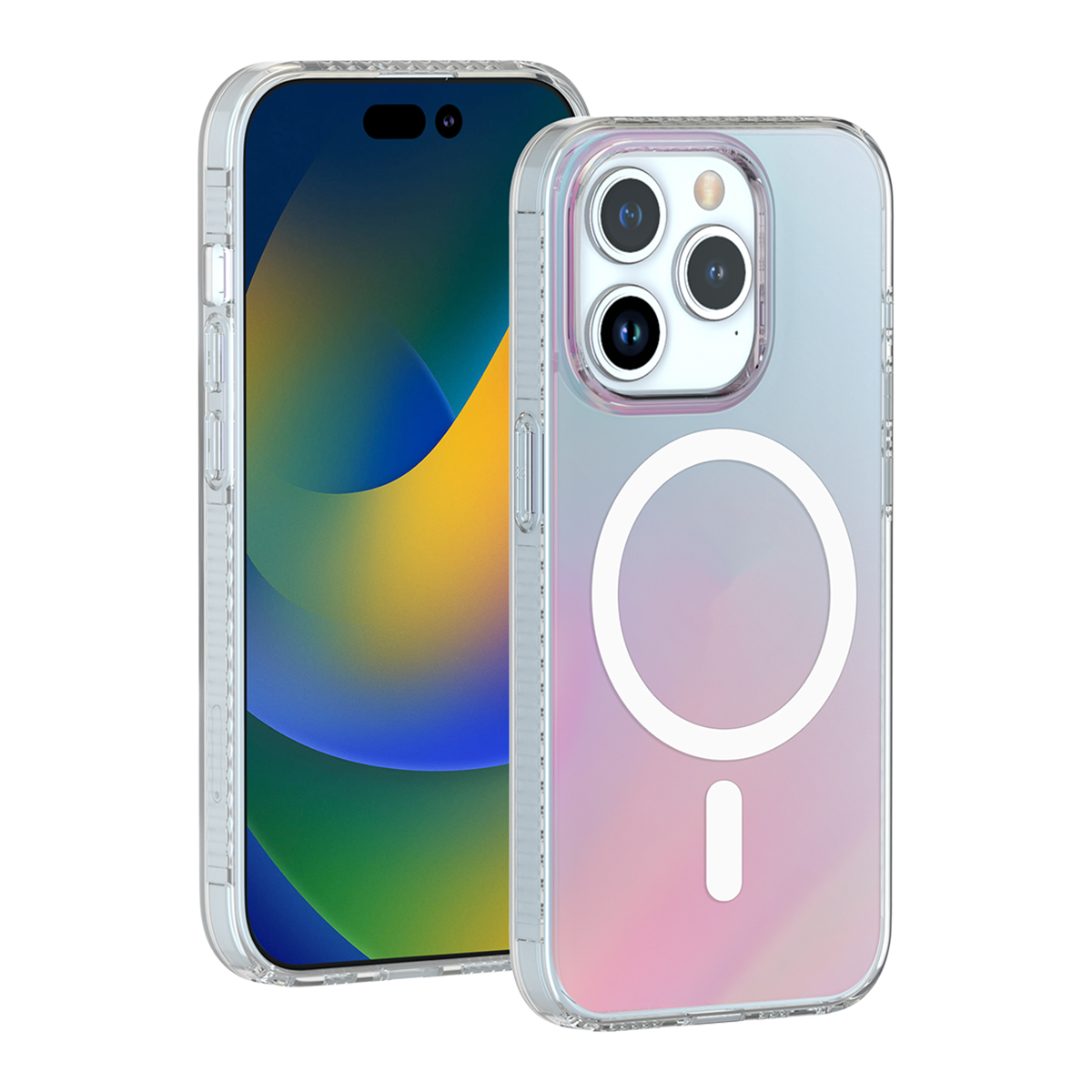 Due viste di uno smartphone in custodia MagSafe trasparente, con schermo anteriore e retro con fotocamera.