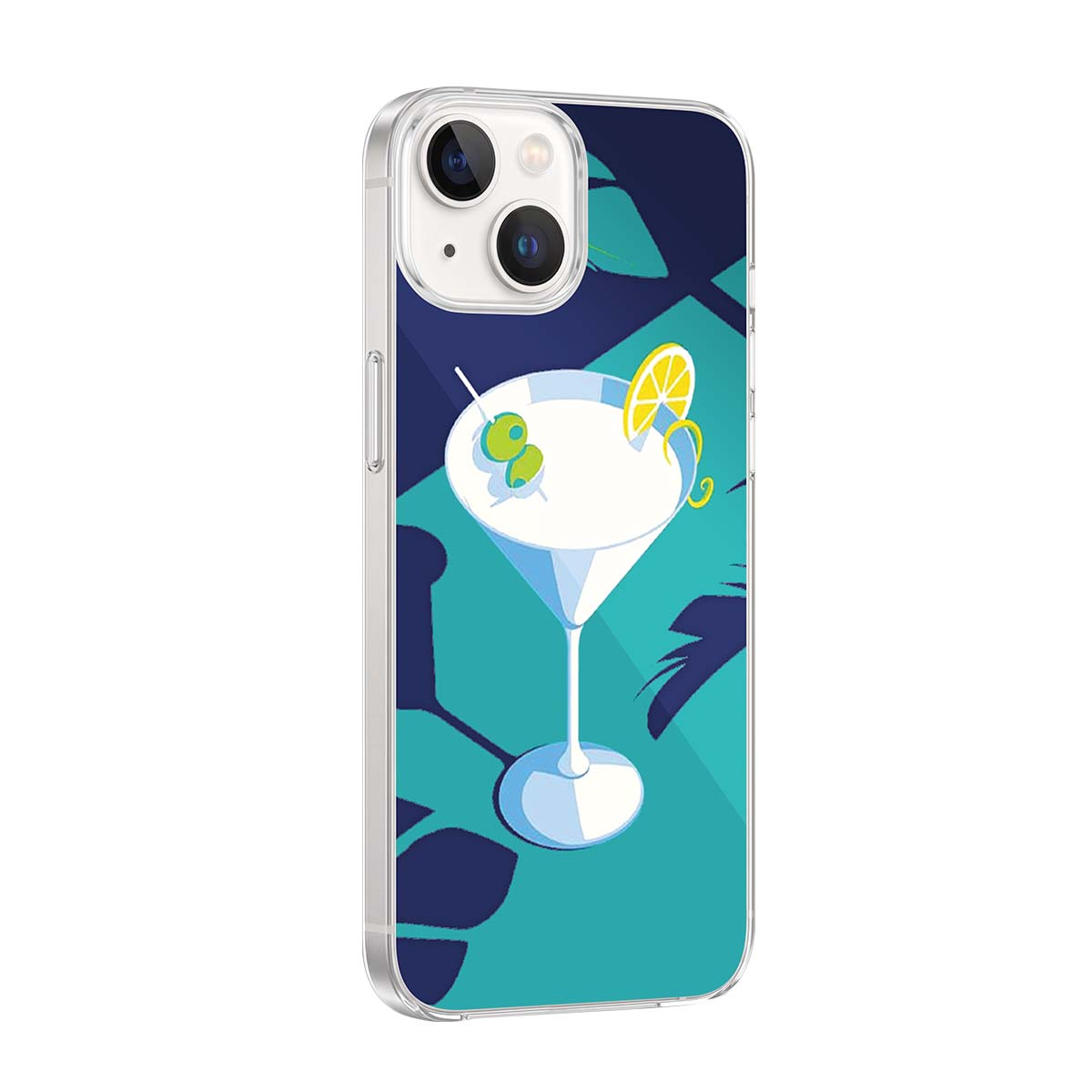 Una cover trasparente per telefono con un martini, olive e limone su sfondo tropicale blu.