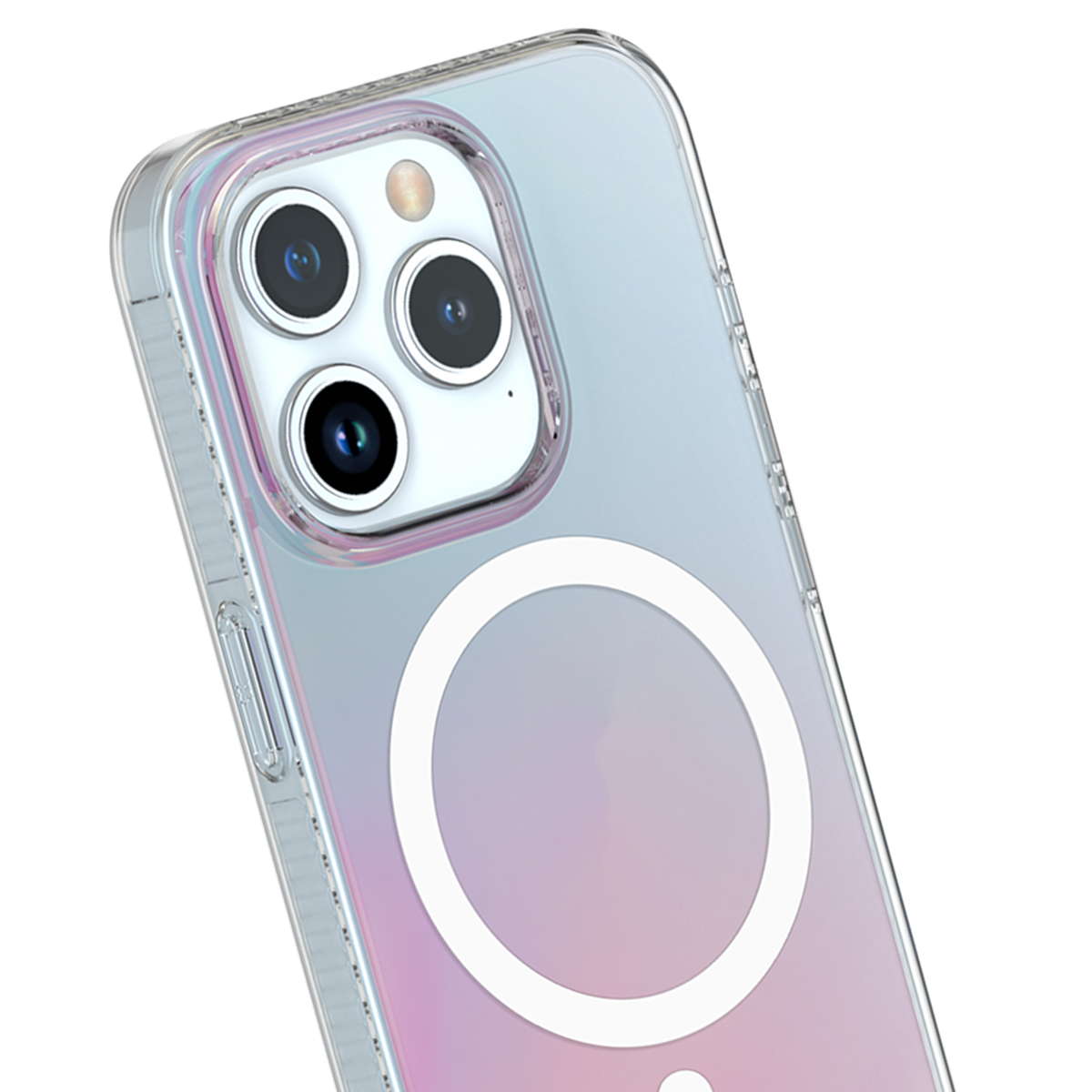 Uno smartphone rosa in una custodia trasparente con tre obiettivi e un anello magnetico sul retro.