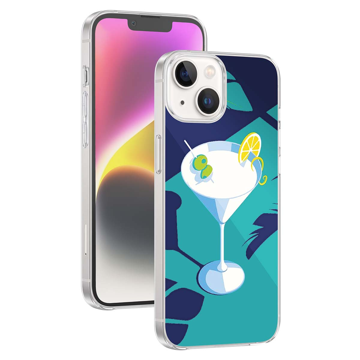 Due iPhone mostrano una custodia trasparente con la grafica di un cocktail e foglie.