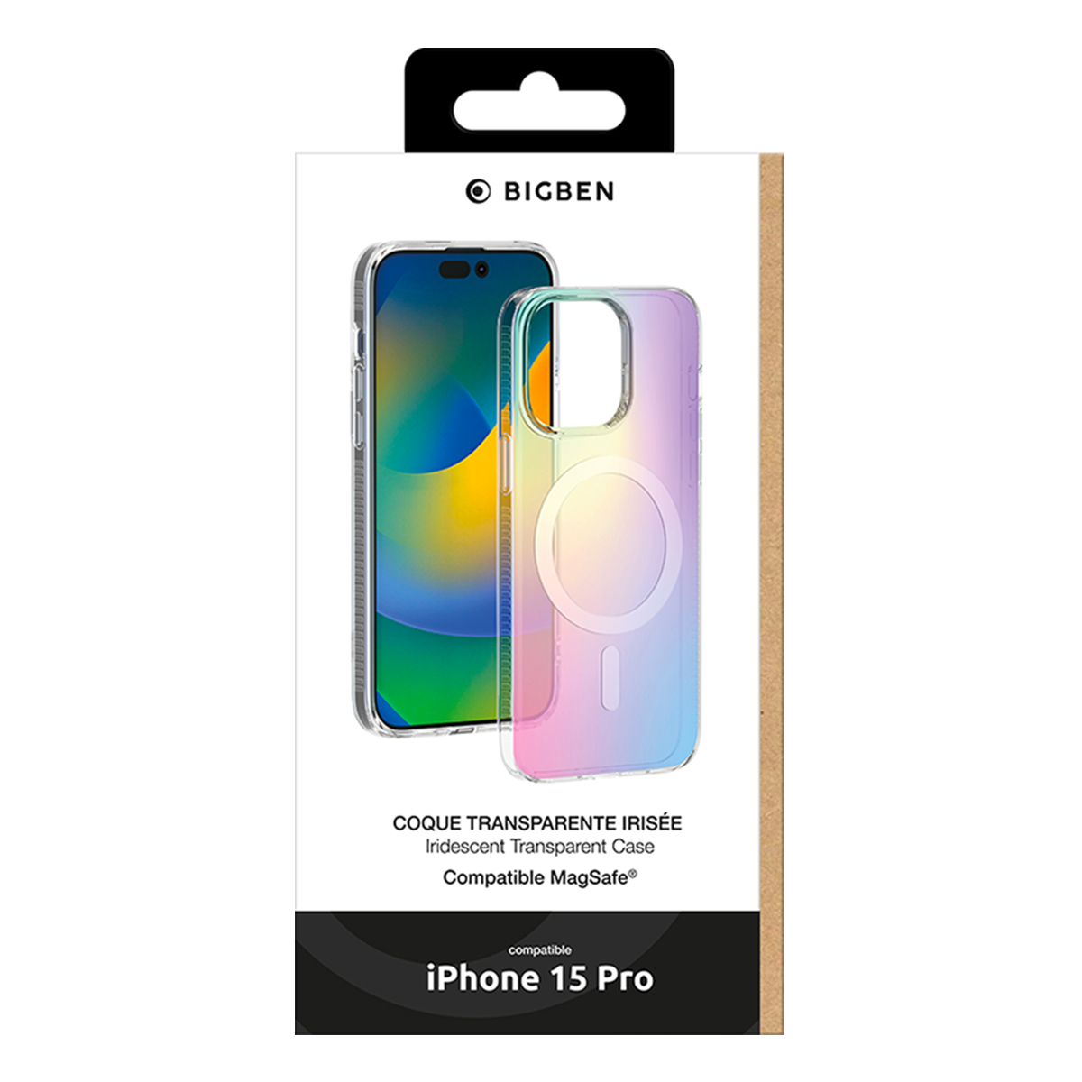 Confezione di una custodia per cellulare MagSafe trasparente e iridescente Bigben per iPhone 15 Pro.