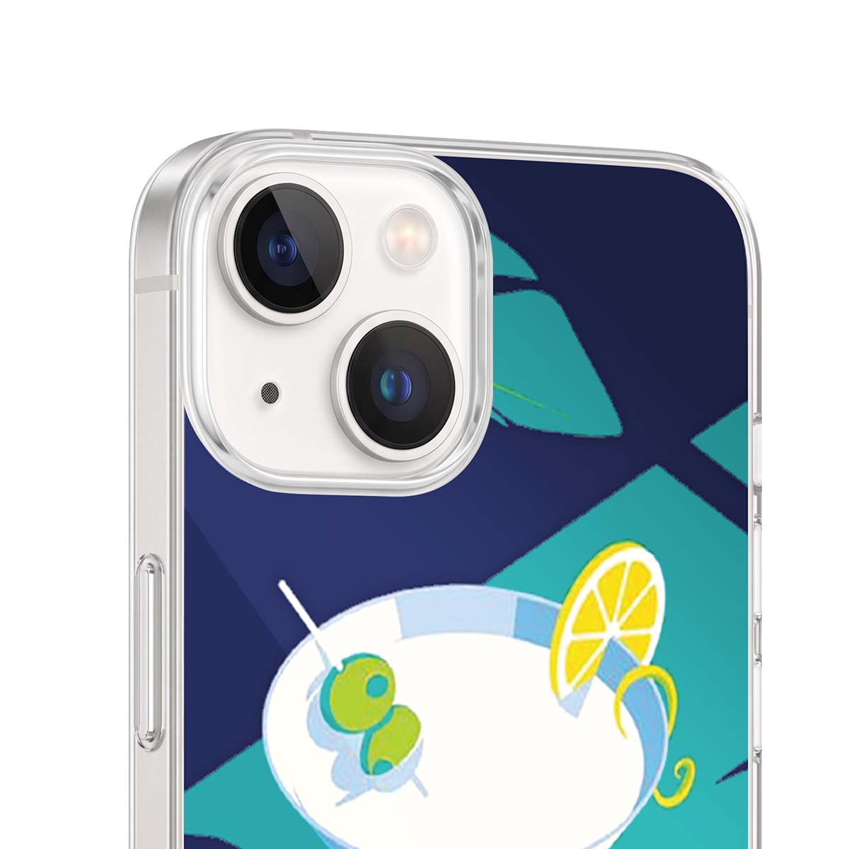 Cover per telefono con grafica di cocktail, olive, limone e foglie blu.