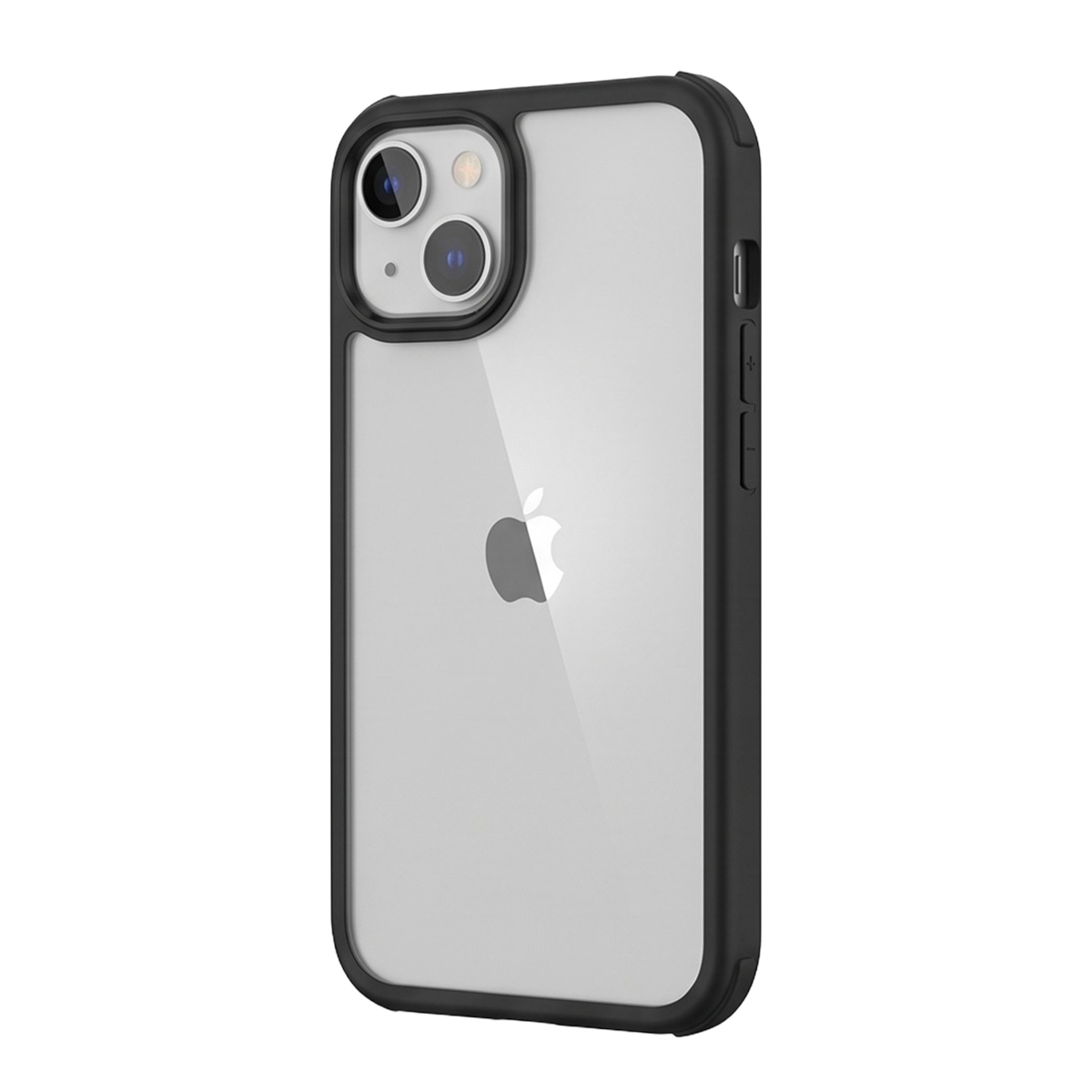Uno smartphone con custodia nera e retro trasparente su sfondo bianco.