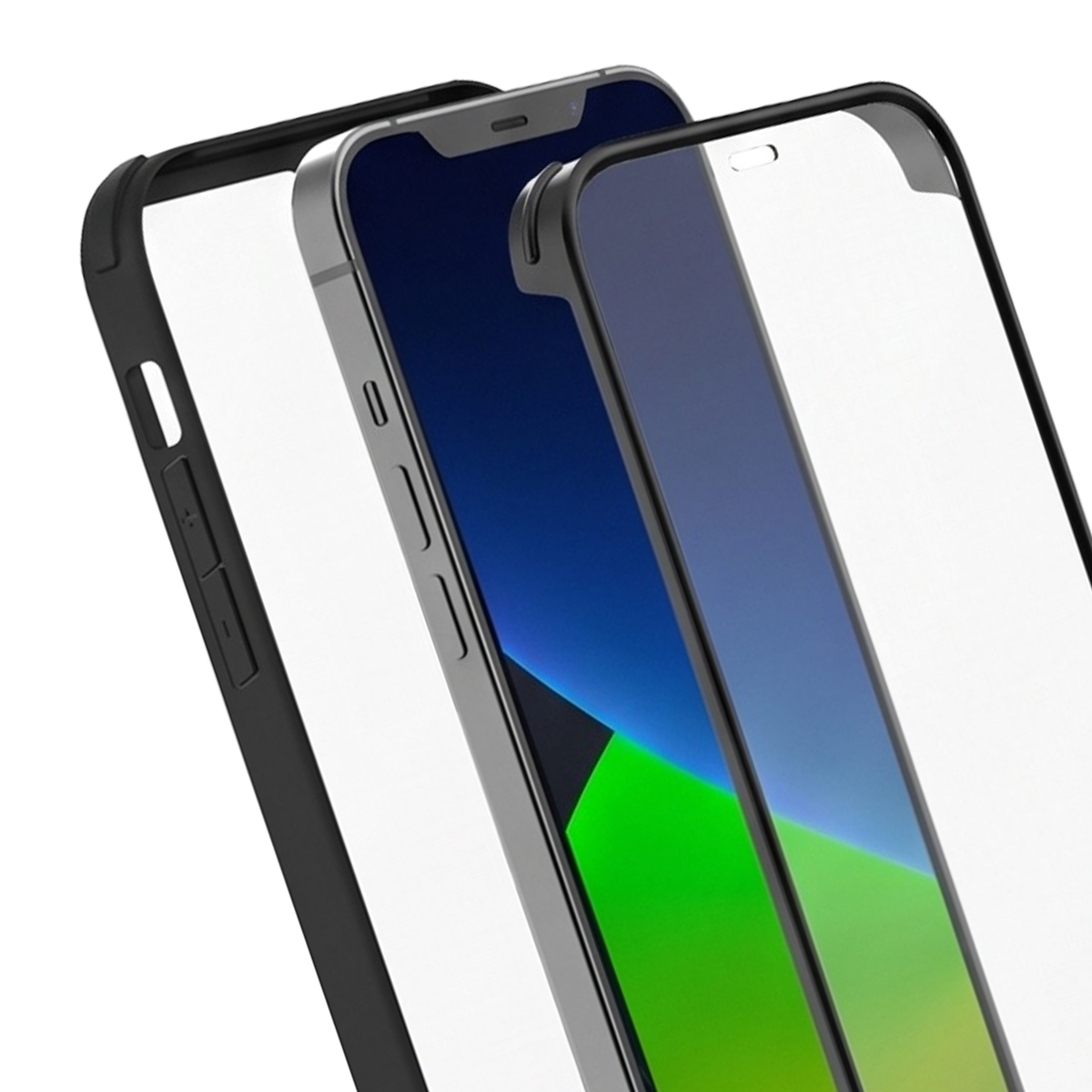 Uno smartphone con cover protettiva nera e pellicola in vetro temperato su sfondo bianco.