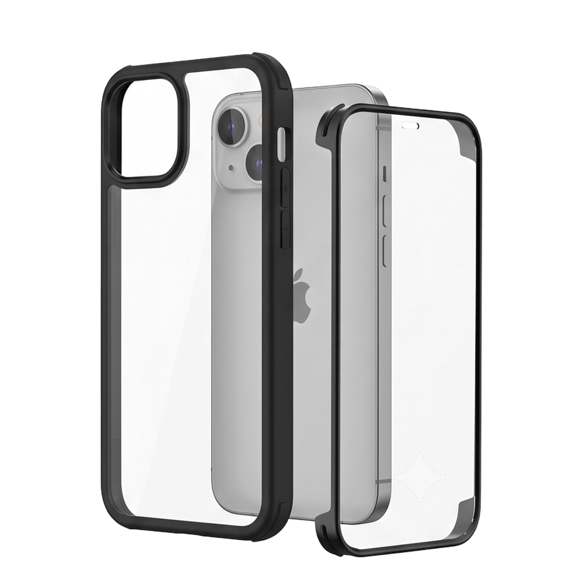 Uno smartphone argento con custodia protettiva trasparente e cornice nera su sfondo bianco.