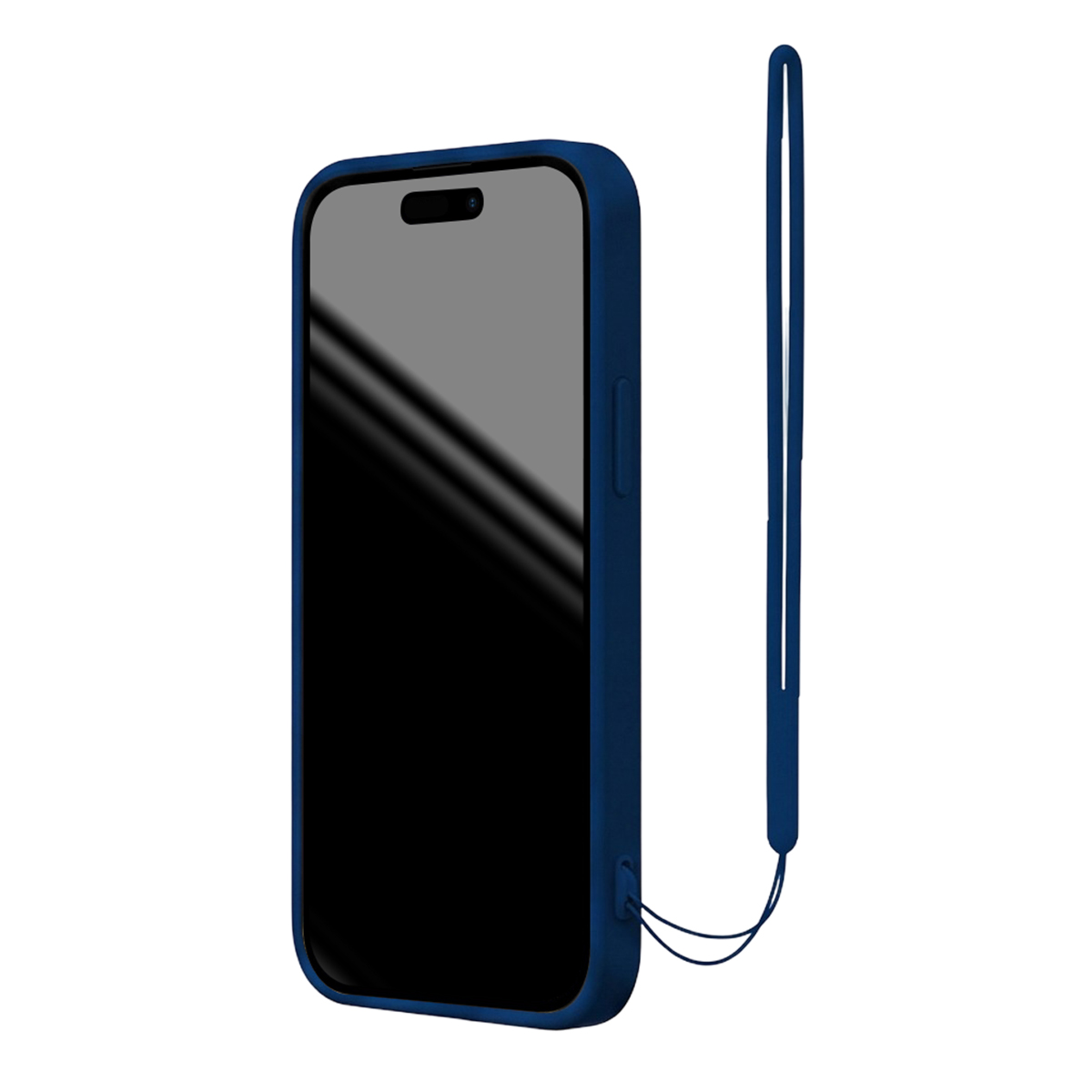 Uno smartphone blu in una custodia protettiva con cinturino da polso abbinato su sfondo bianco.