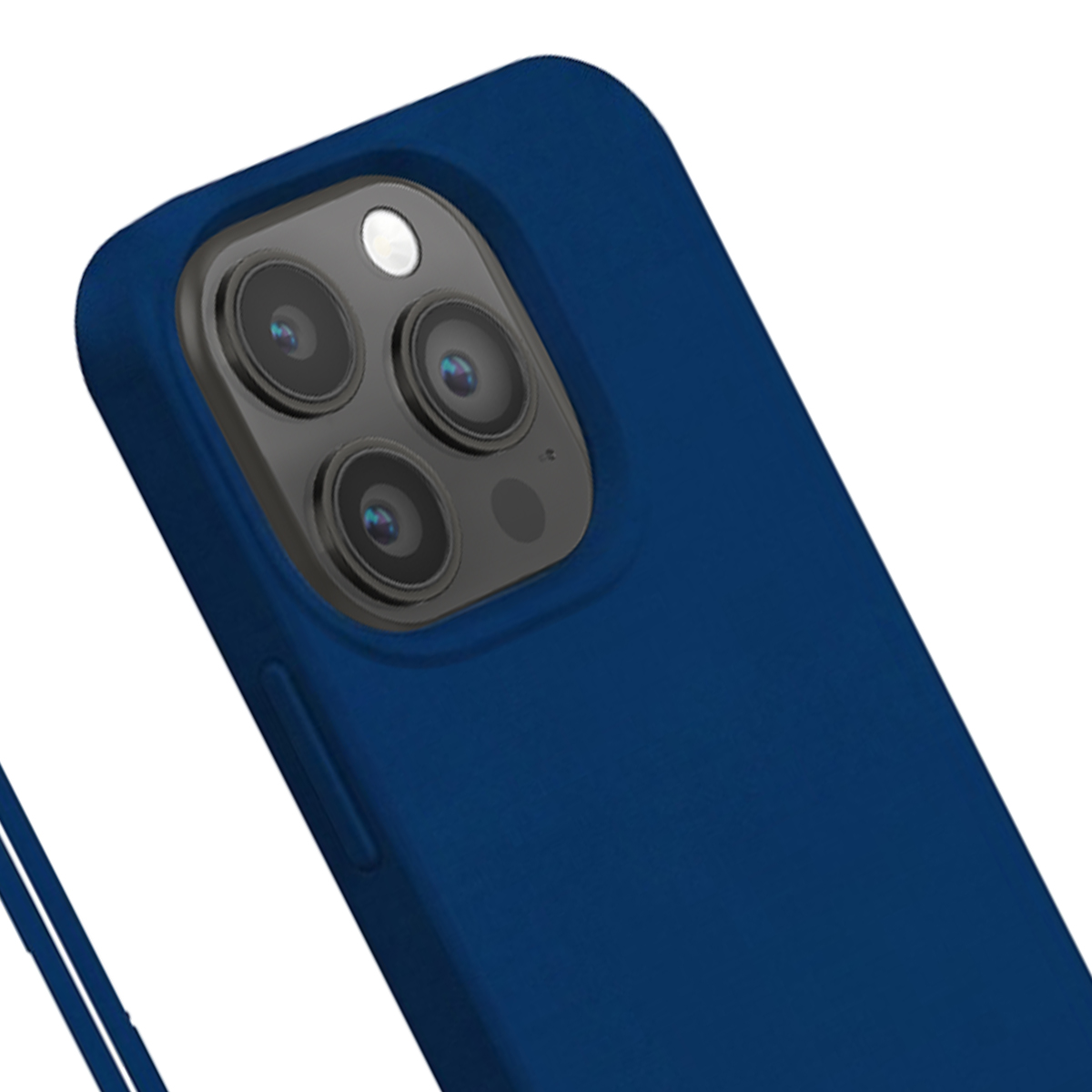 Una custodia per telefono blu scuro con tre obiettivi fotografici sul retro.