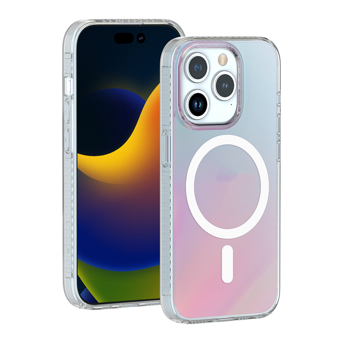 Due smartphone con cover protettive trasparenti, anello MagSafe sul retro e display colorato su sfondo bianco.