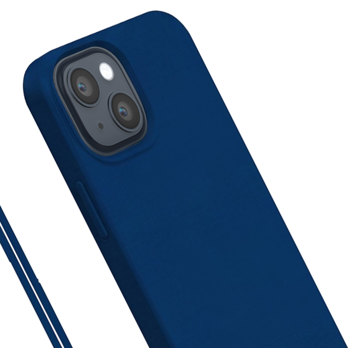 Una custodia per smartphone blu scuro con due fotocamere posteriori e un flash, isolata su fondo bianco.