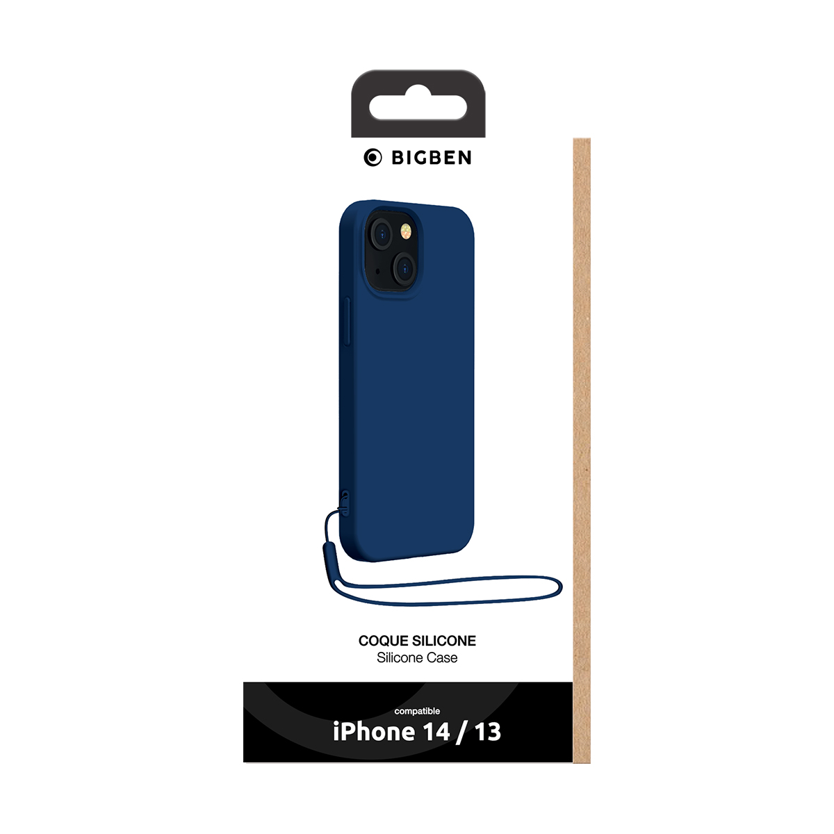 Custodia in silicone blu con laccio per iPhone 14 e 13 in confezione bianca.