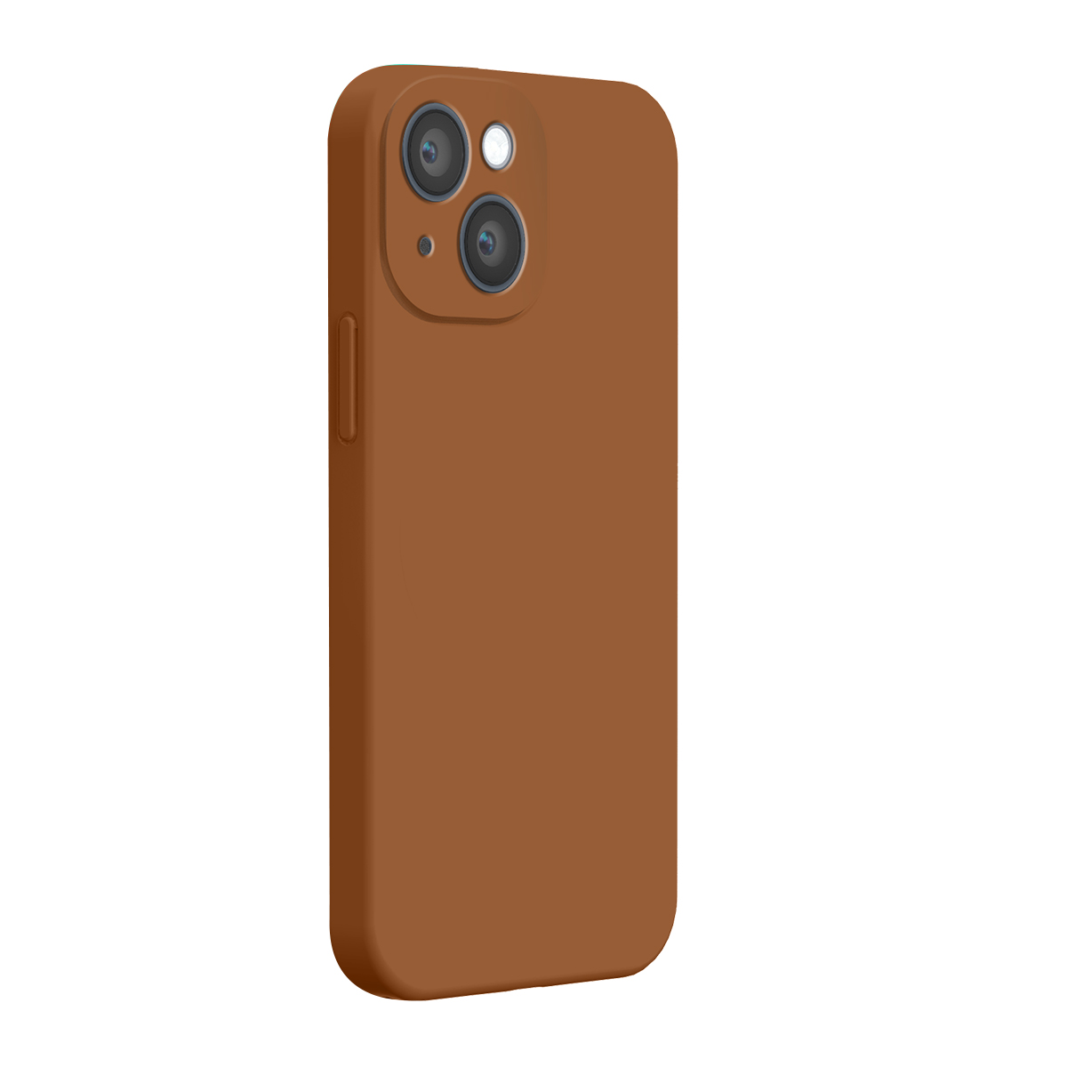 Una custodia per smartphone marrone con doppia fotocamera e flash sul retro su sfondo bianco.