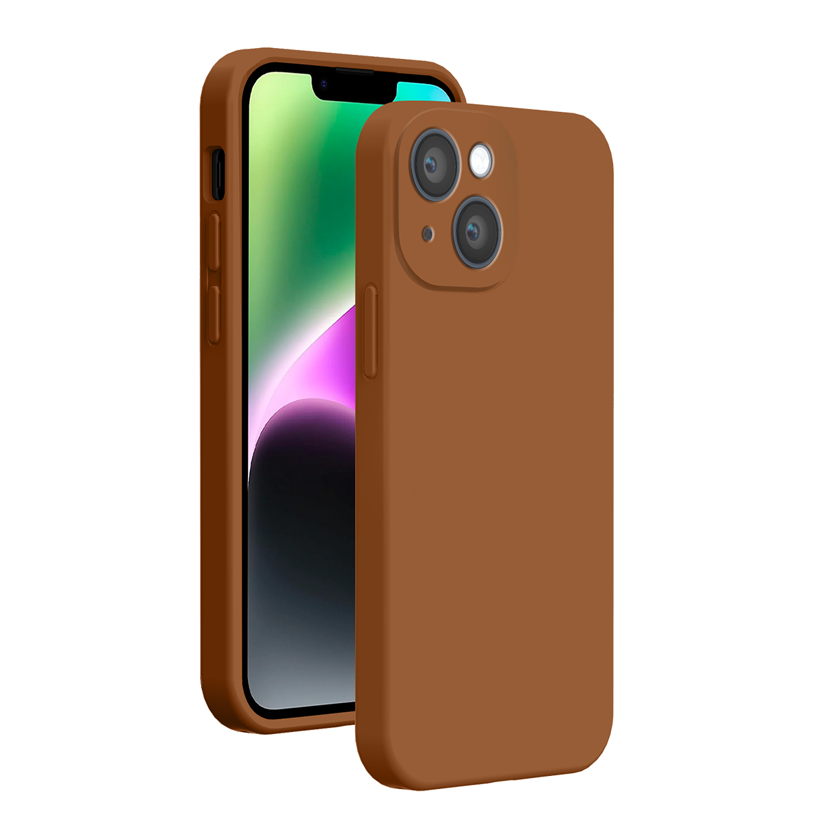 Due cover per smartphone marroni, una mostra la parte anteriore con display colorato, l'altra il retro.
