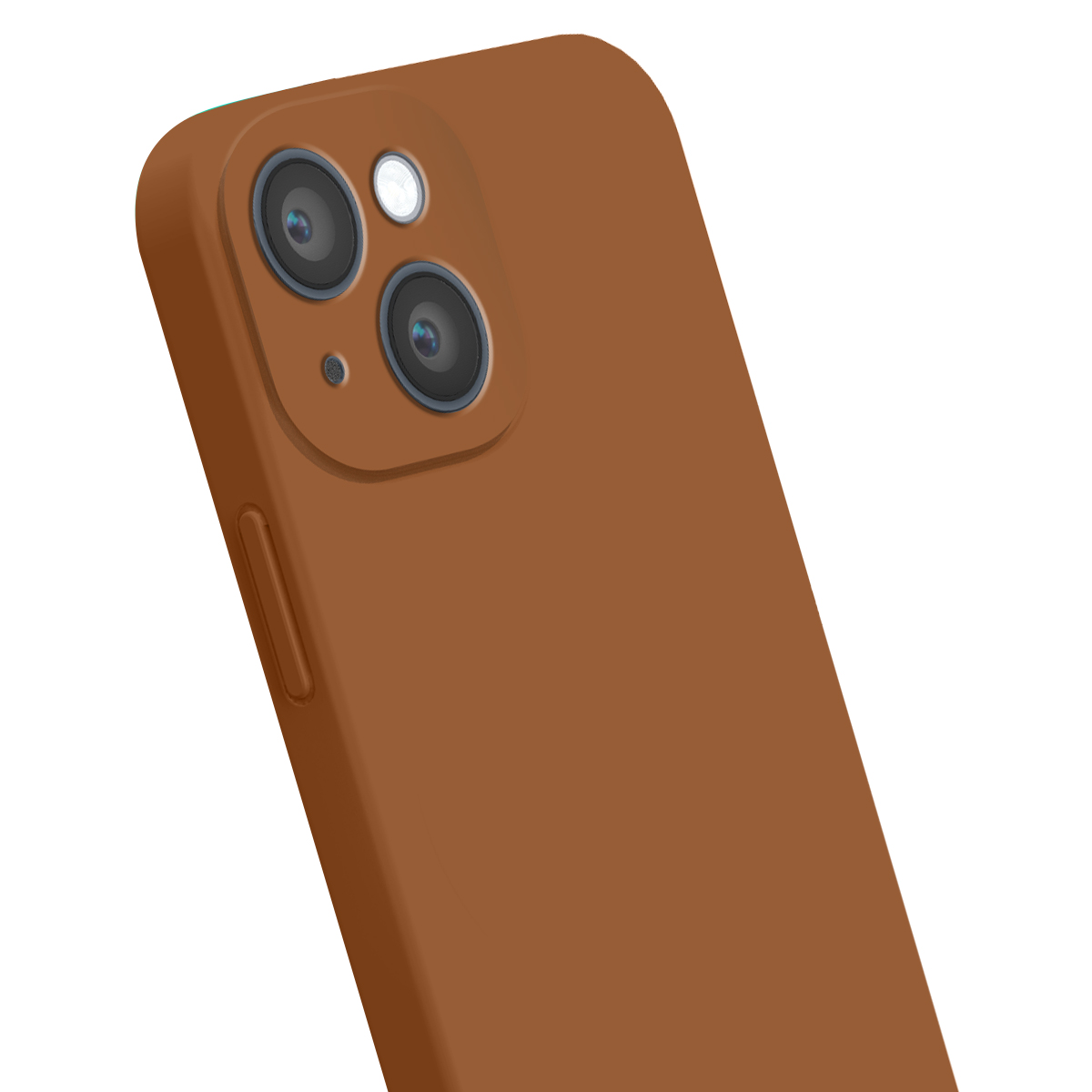 Retro di uno smartphone marrone con doppia fotocamera e flash in una custodia protettiva.