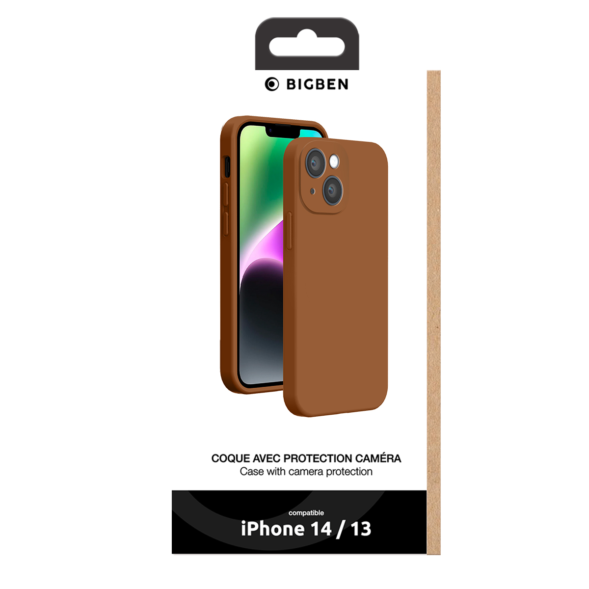 Custodia marrone Bigben per iPhone 14 e 13 con protezione fotocamera nella confezione.