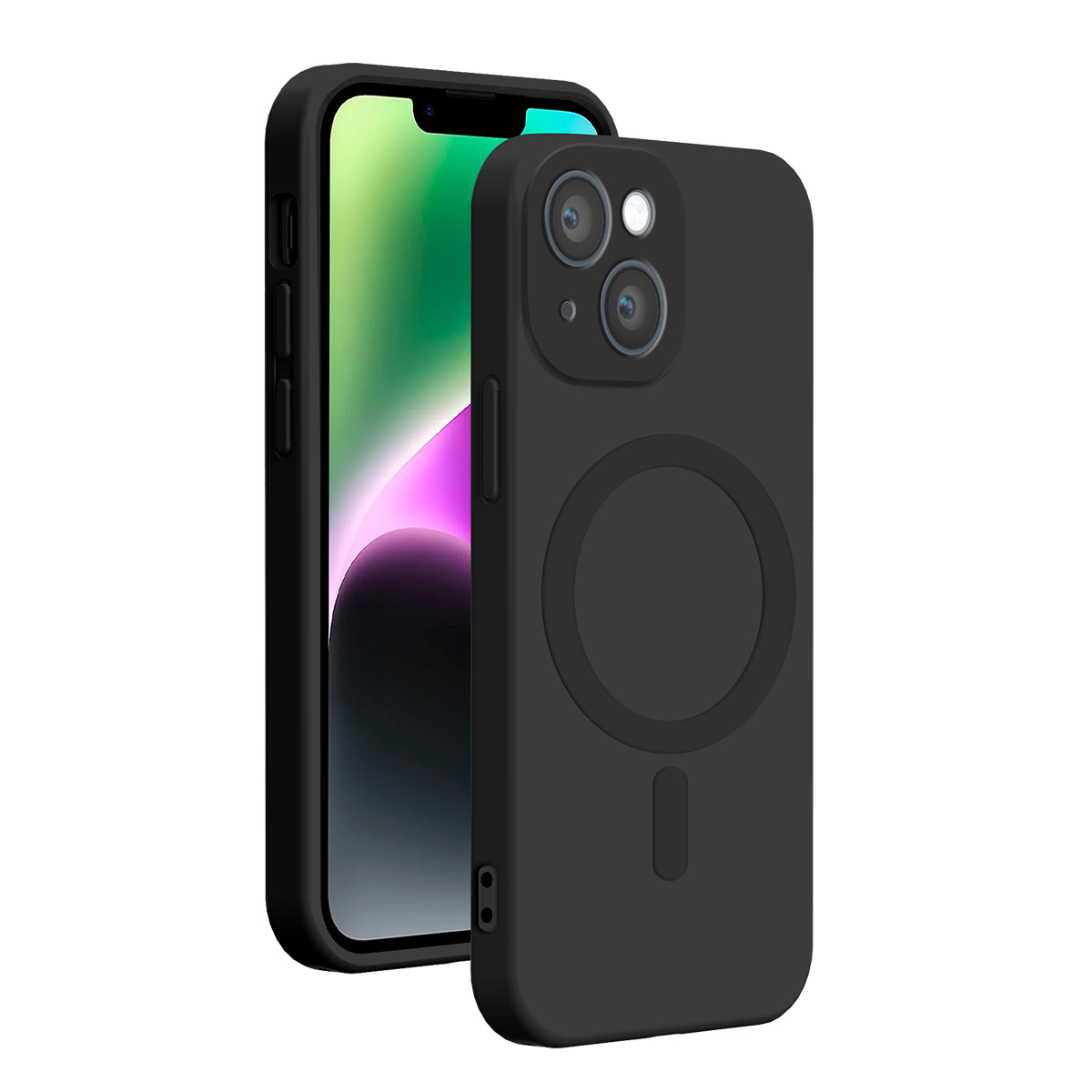 Due cover nere per smartphone, una mostra la parte anteriore con schermo colorato, l'altra il retro con le fotocamere.