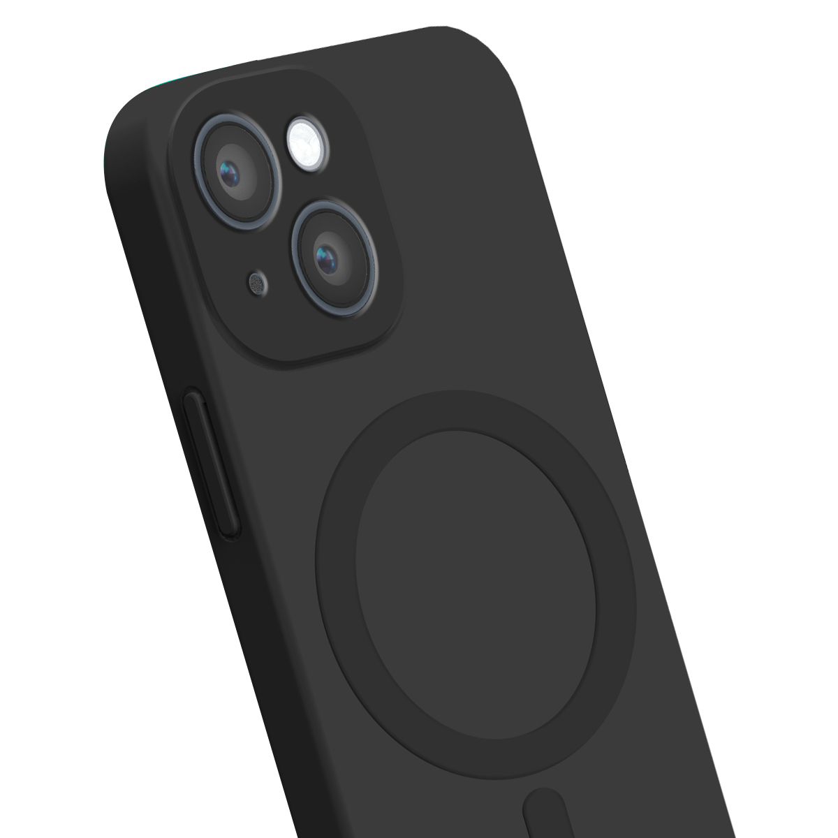 Cover per smartphone nera con anello MagSafe e ritaglio per doppia fotocamera su sfondo bianco.