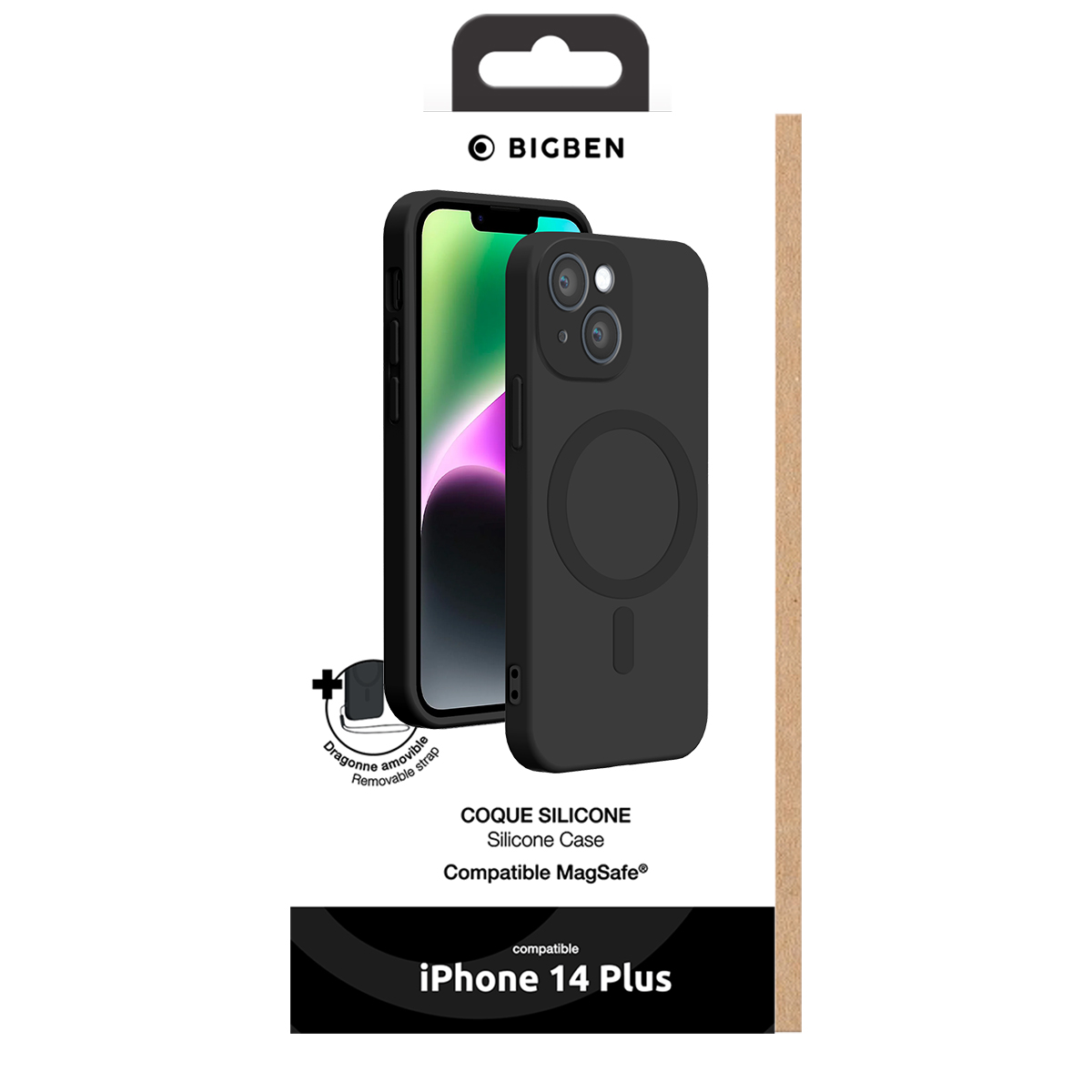 Custodia MagSafe in silicone nero Bigben per iPhone 14 Plus con laccetto rimovibile in confezione.