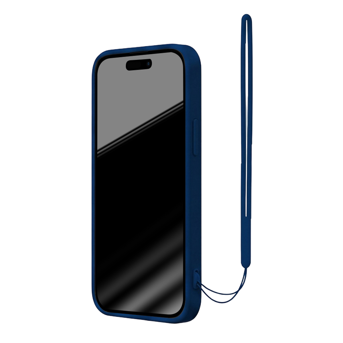 Custodia per smartphone blu scuro con un cordino abbinato attaccato al lato su sfondo bianco.