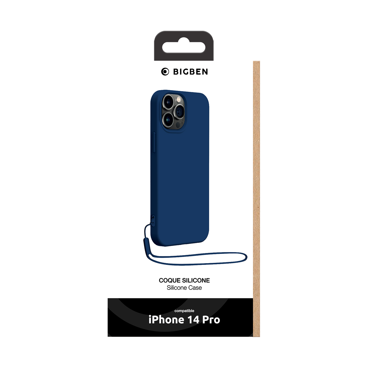 Custodia in silicone blu Bigben con laccetto per iPhone 14 Pro in confezione bianca.