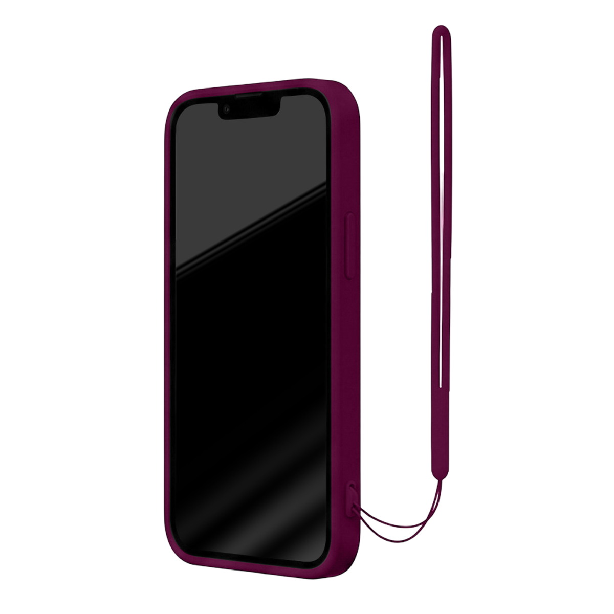Uno smartphone viola in una custodia con cordino da polso coordinato su sfondo bianco.